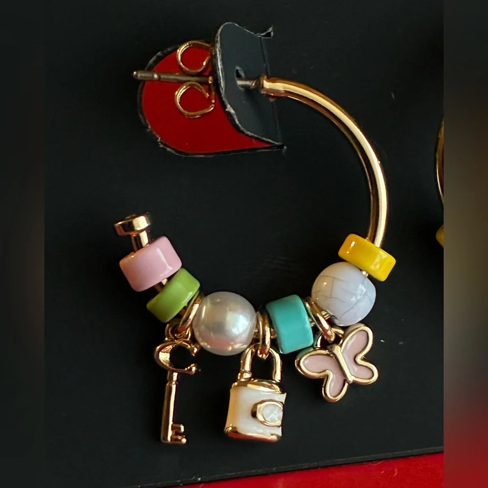 COACH Earrings,Coach Gold Hoop Earrings with Pastel Charms - Picture 7 of 7
